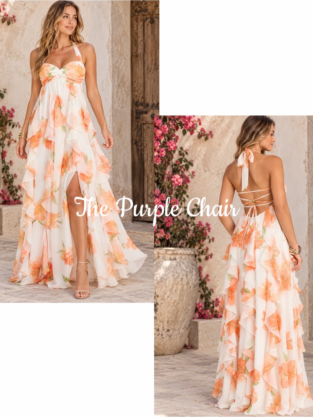 NWT White Floral Print Chiffon Ruffled Sweetheart Halter Neck Maxi Dress S